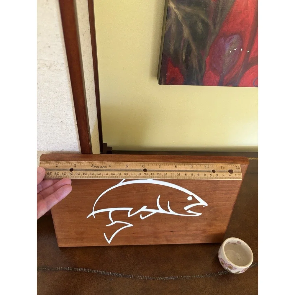 White Glass Salmon Carved Solid Wood Fish with Wall Mounting Hole 13